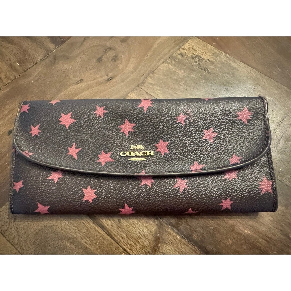 Coach Brown Pink Star Print Coated Canvas Slim Envelope Flap Wallet Gold Logo
